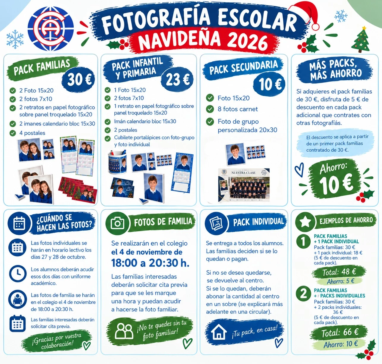 Cartel de la fotografía escolar navideña 2026, con los packs y sus precios