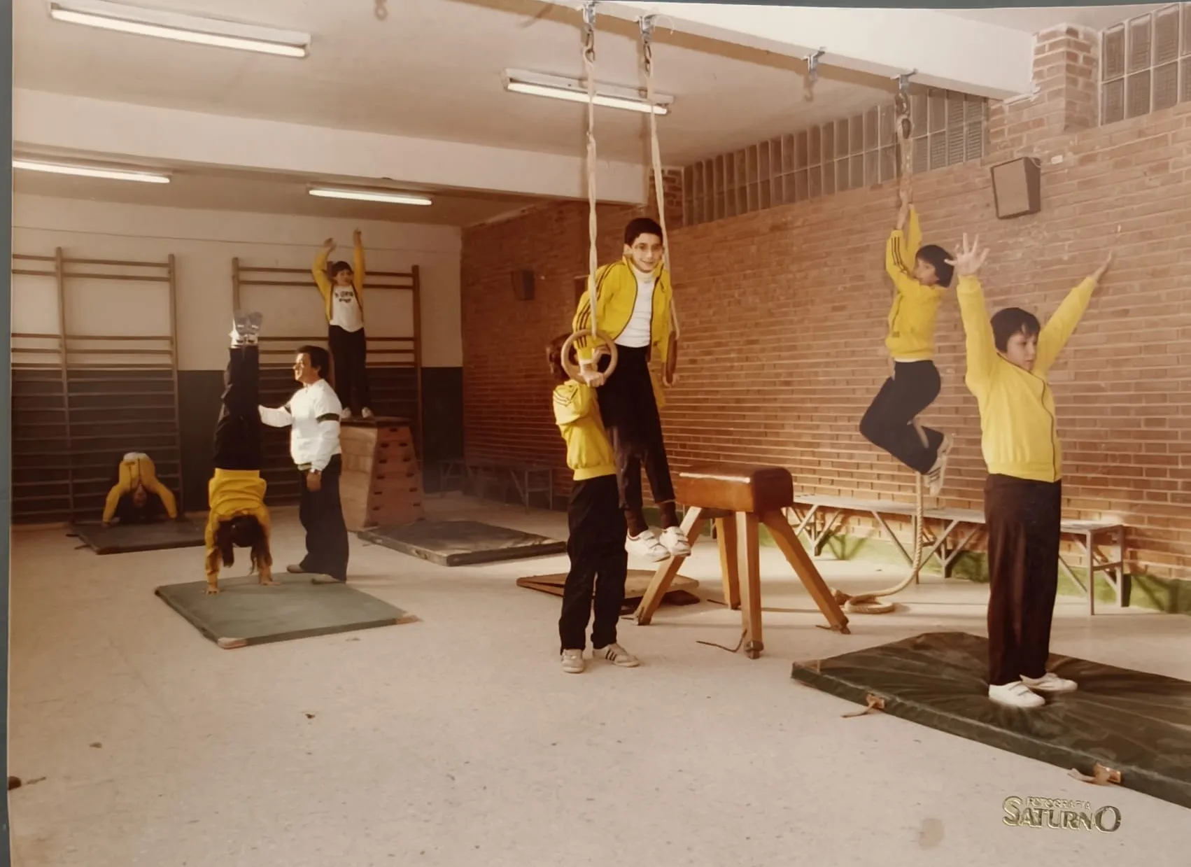 Clase de gimnasia en el gimnasio, con las anillas, las cuerdas y el potro