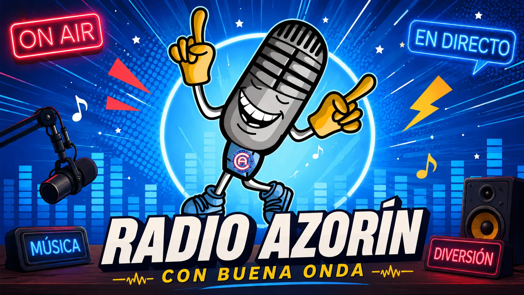 Radio Azorín, con buena onda: el micrófono de la radio, con el escudo del colegio, baila en el estudio entre carteles de «On air» y «En directo»