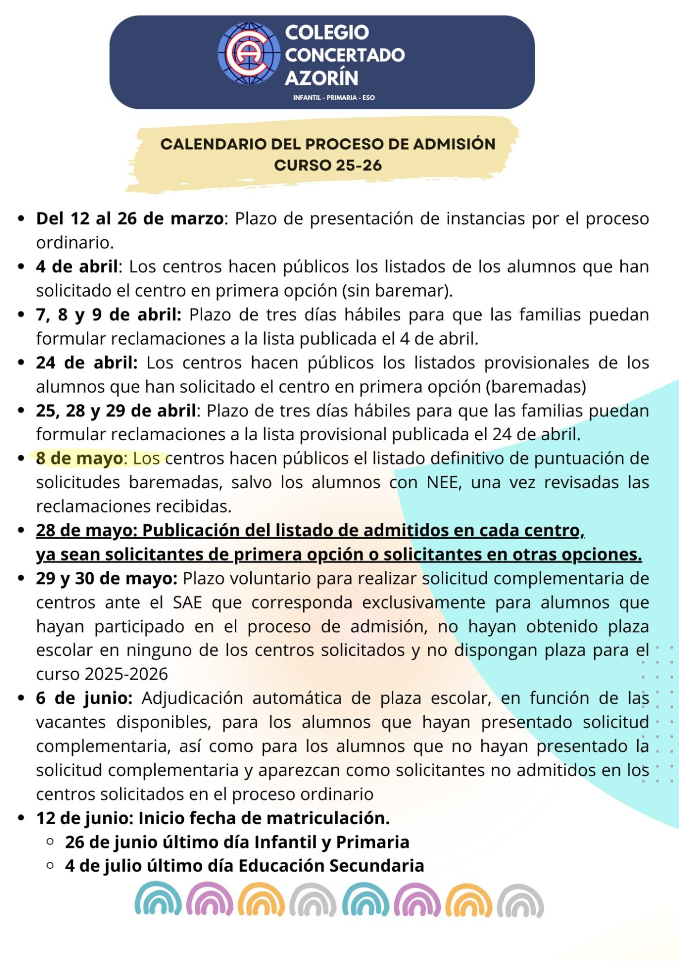 Calendario del proceso de admisión 2025-2026 (PDF)